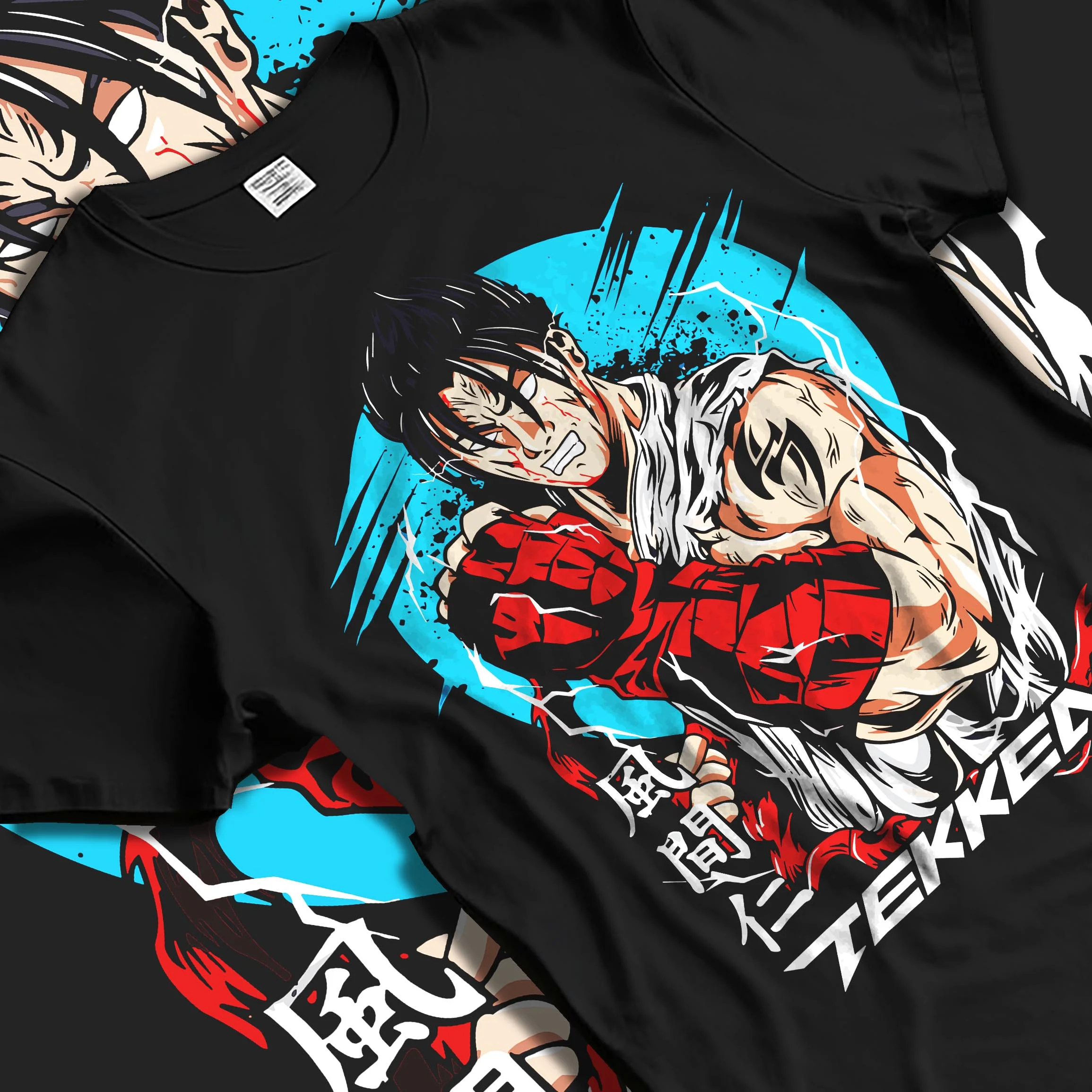 Black T-shirt laid flat with natural folds with Tekken Hoodie Jin Kazama Iron Fist Champion Jumper graphic streetwear graphic.