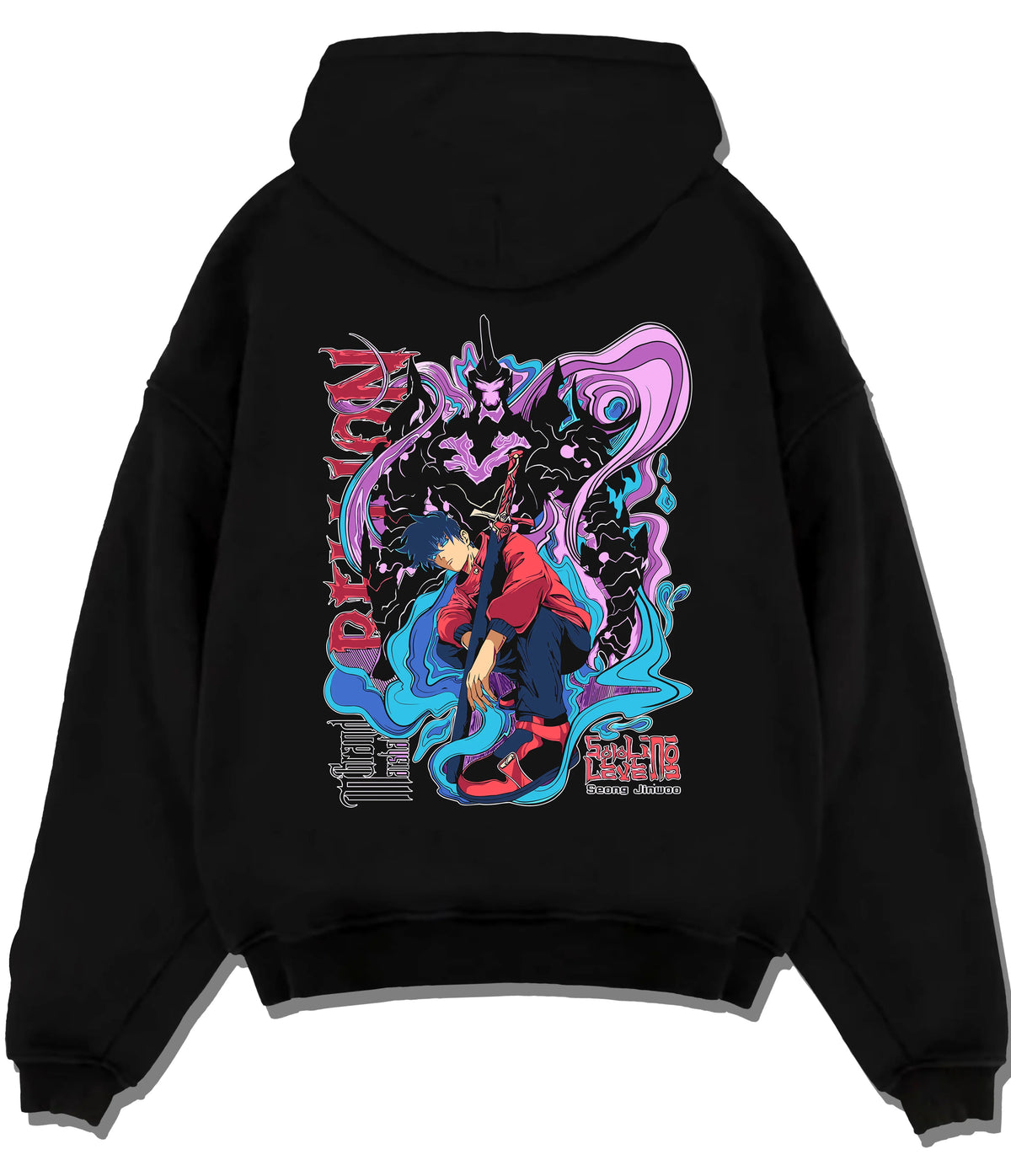 Black hoodie flat back view showing Sung Jin-Woo from Solo Leveling: blue-violet shadow monarch battle