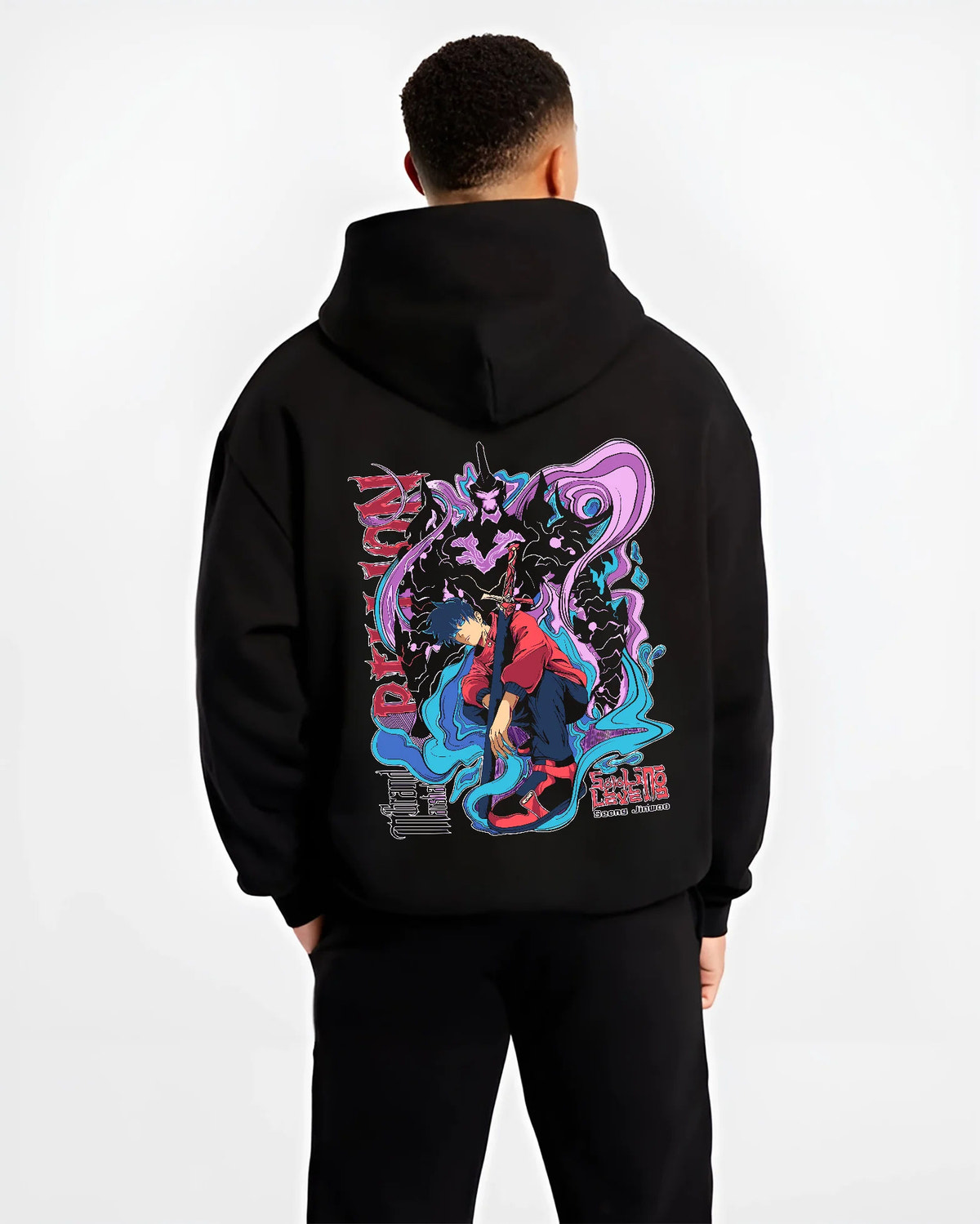 Black hoodie model back view showing Sung Jin-Woo from Solo Leveling: blue-violet shadow monarch battle