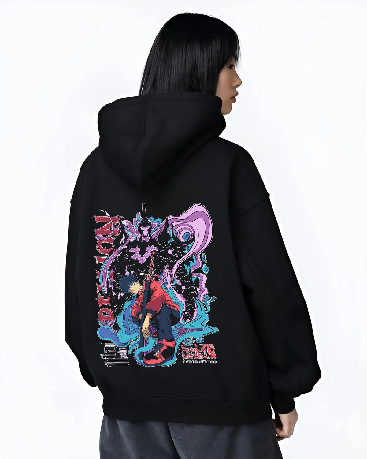 Black hoodie female model back view showing Sung Jin-Woo from Solo Leveling: blue-violet shadow monarch battle
