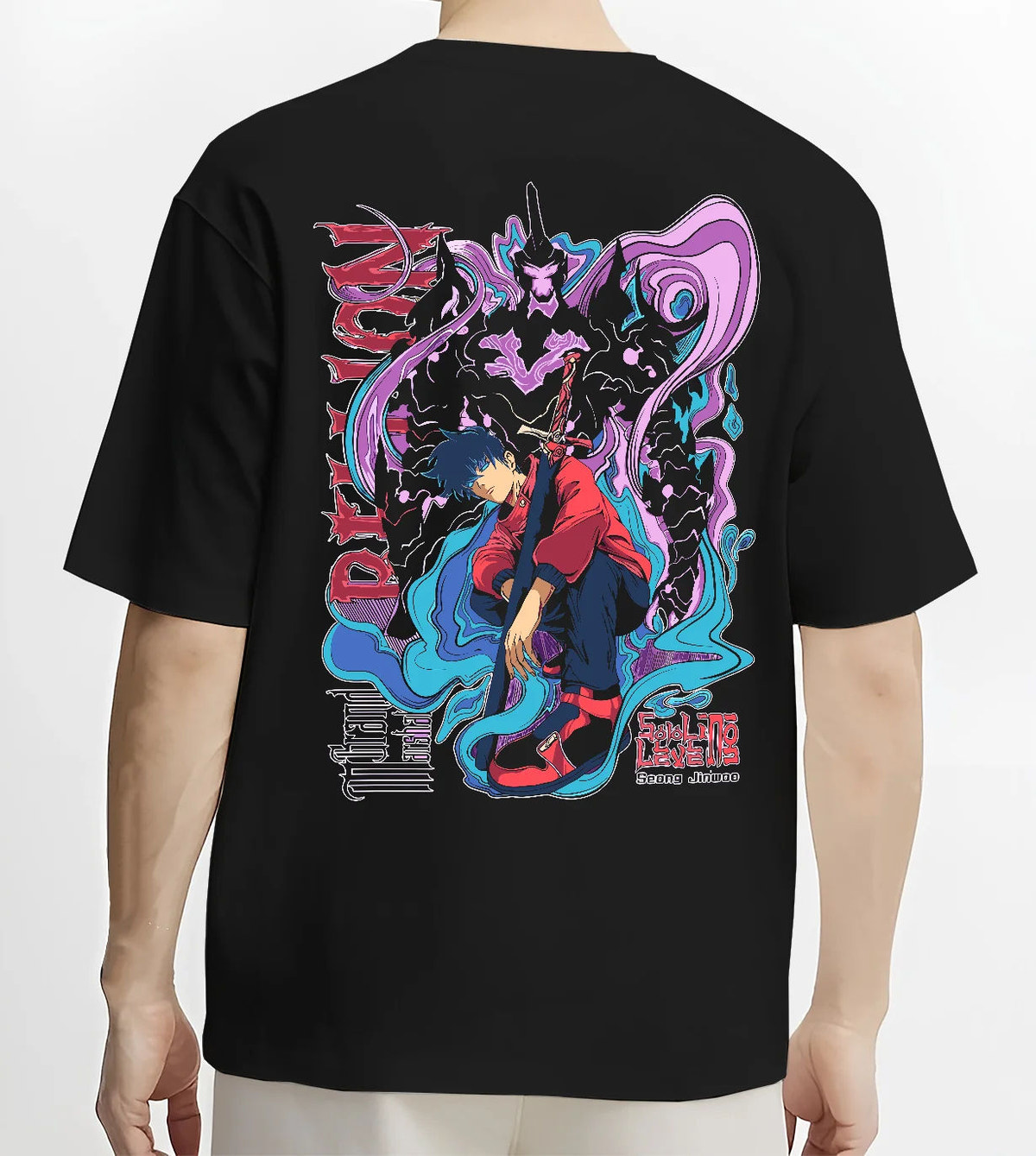 Black T-shirt model back view showing Sung Jin-Woo from Solo Leveling: blue-violet shadow monarch battle