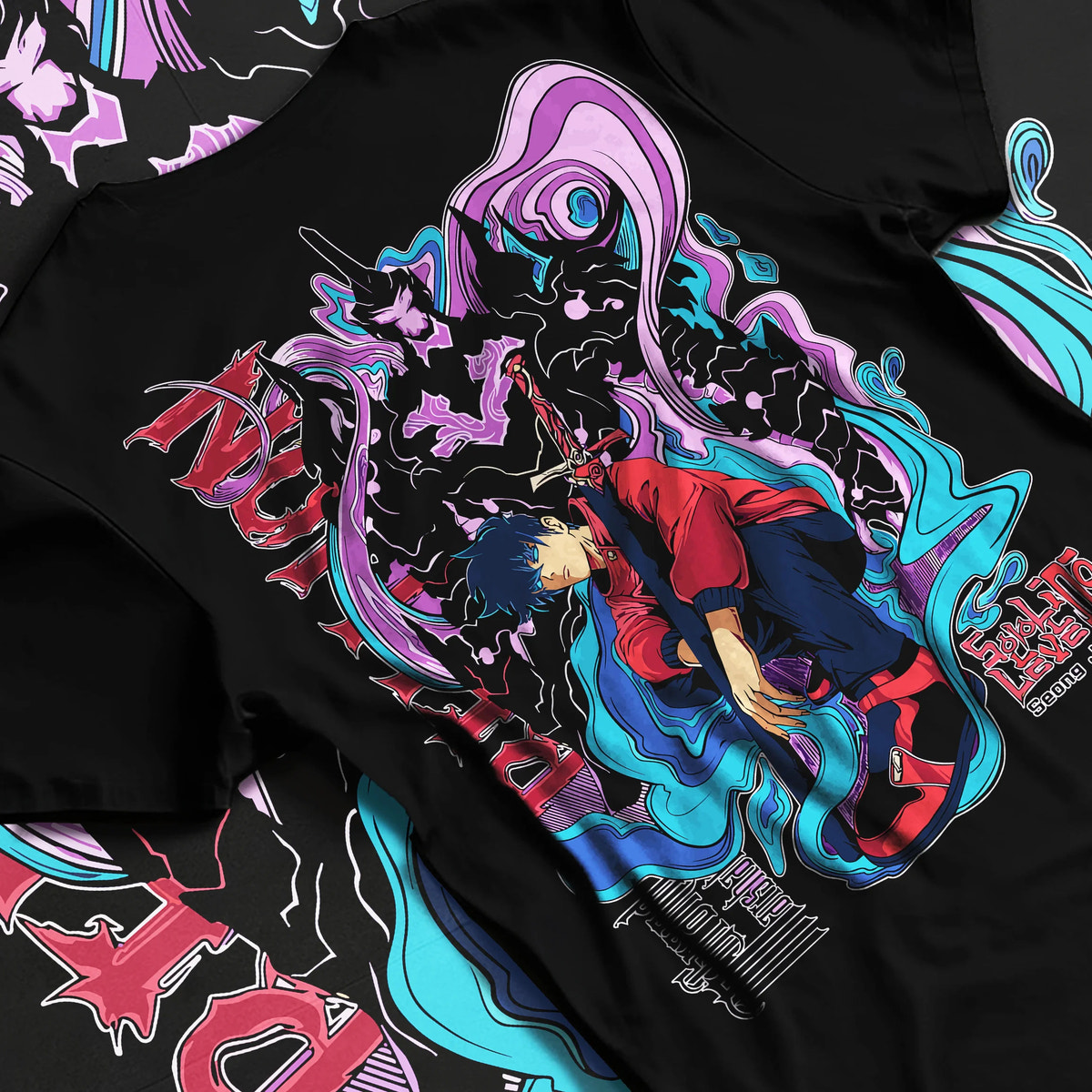 Black T-shirt flat back view showing Sung Jin-Woo from Solo Leveling: blue-violet shadow monarch battle