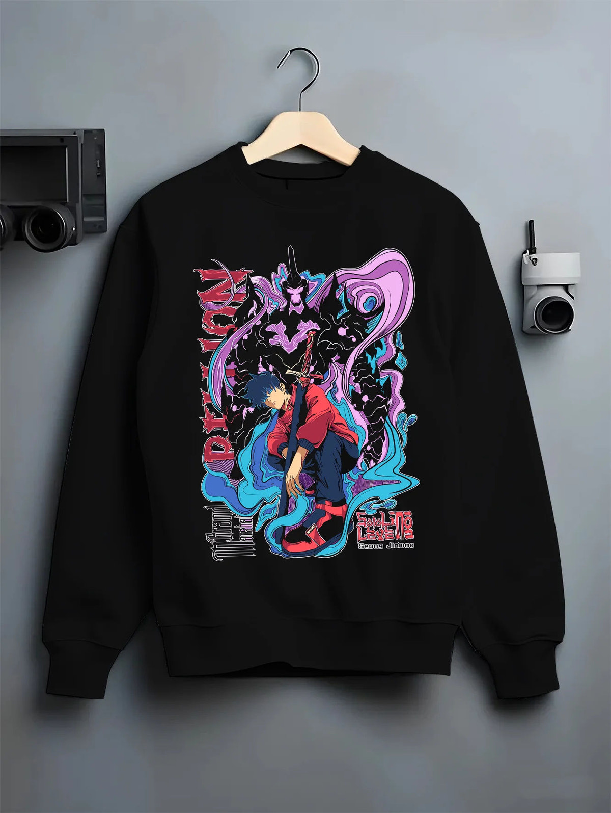 Black crewneck sweatshirt on hanger showing Sung Jin-Woo from Solo Leveling: blue-violet shadow monarch battle