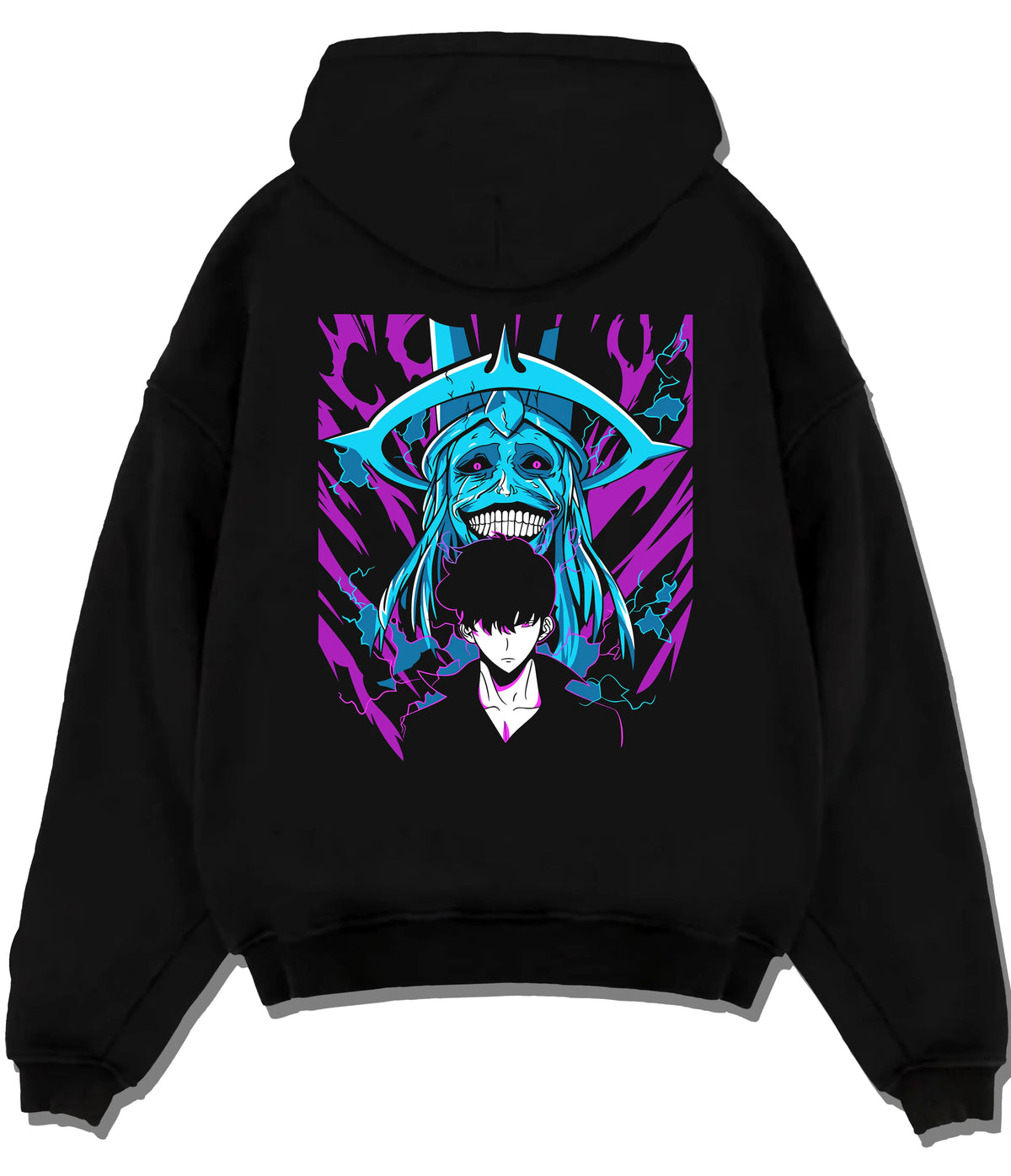 Black hoodie flat back view showing Sung Jin-Woo and Statue of God from Solo Leveling: blue cosmic halo
