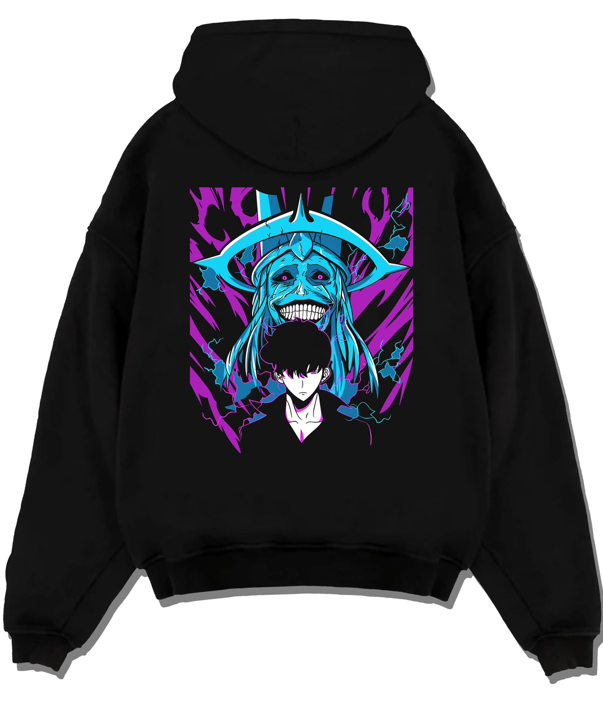 Black hoodie flat back view showing Sung Jin-Woo and Statue of God from Solo Leveling: blue cosmic halo