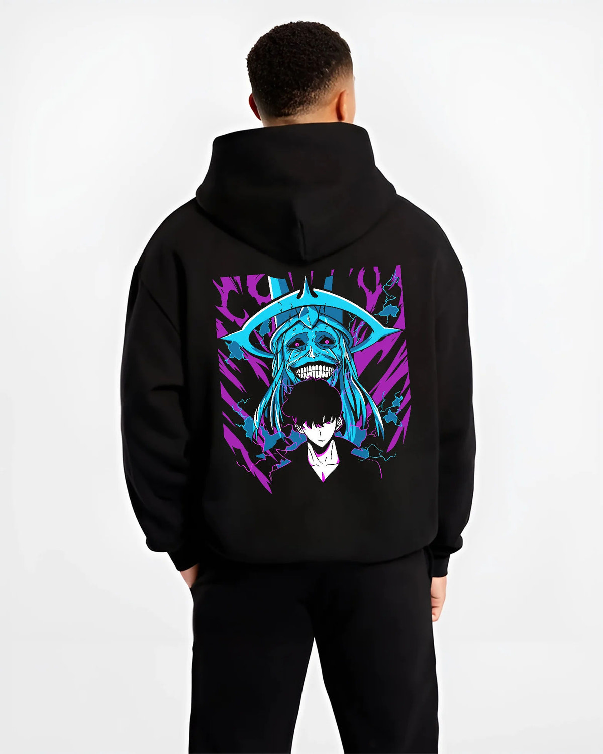 Black hoodie model back view showing Sung Jin-Woo and Statue of God from Solo Leveling: blue cosmic halo
