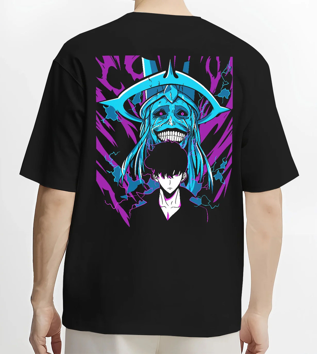 Black T-shirt model back view showing Sung Jin-Woo and Statue of God from Solo Leveling: blue cosmic halo