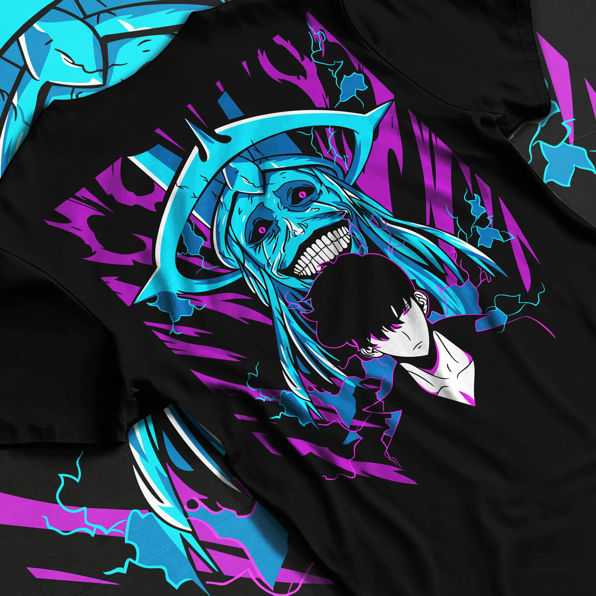 Black T-shirt flat back view showing Sung Jin-Woo and Statue of God from Solo Leveling: blue cosmic halo