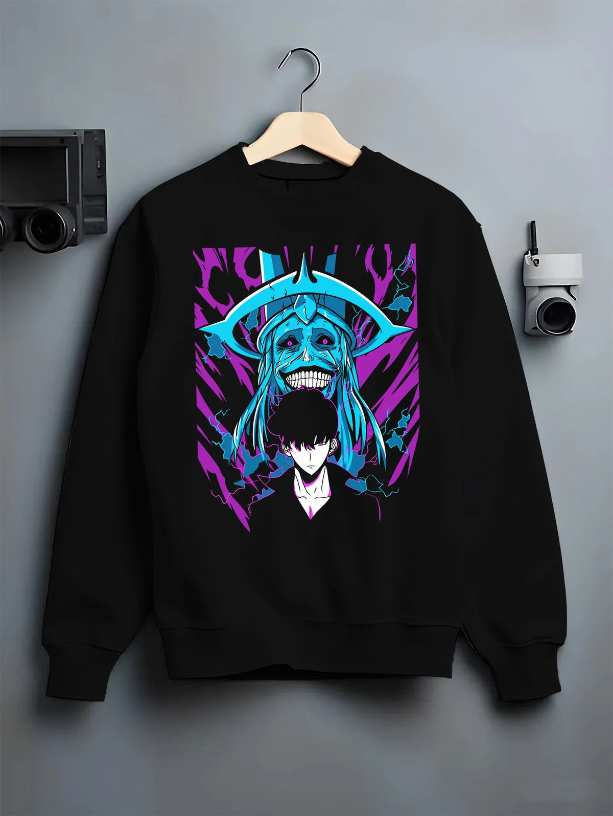 Black crewneck sweatshirt on hanger showing Sung Jin-Woo and Statue of God from Solo Leveling: blue cosmic halo