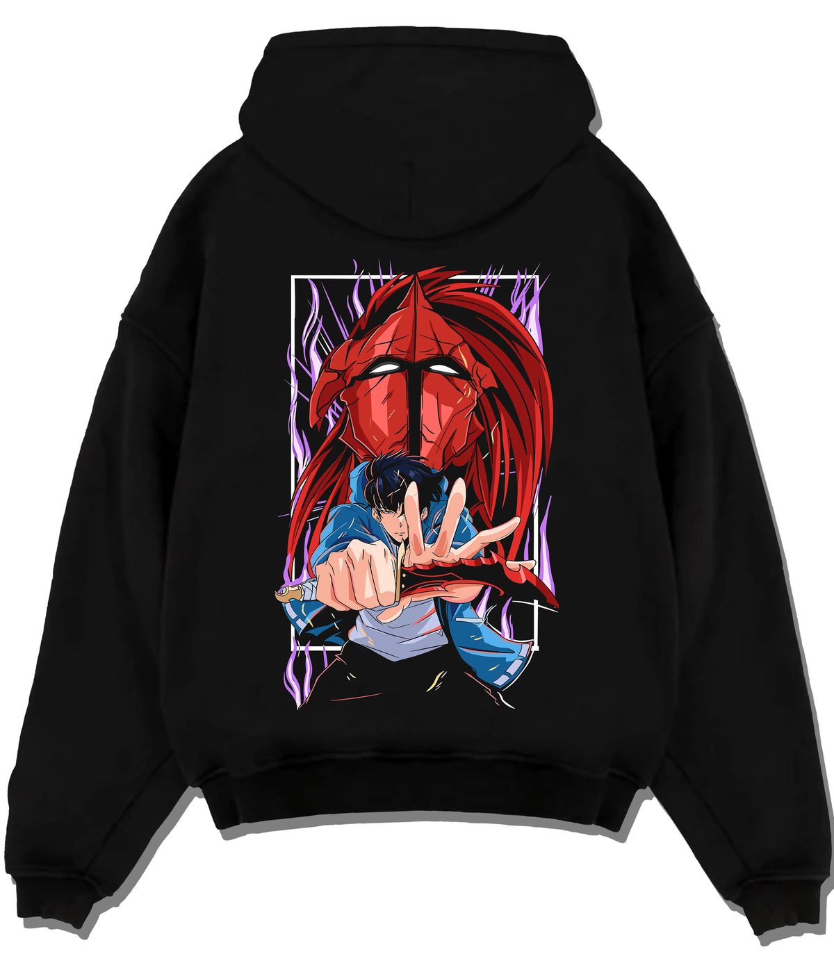 Black hoodie flat back view showing Sung Jin-Woo and red shadow warrior from Solo Leveling: illustration