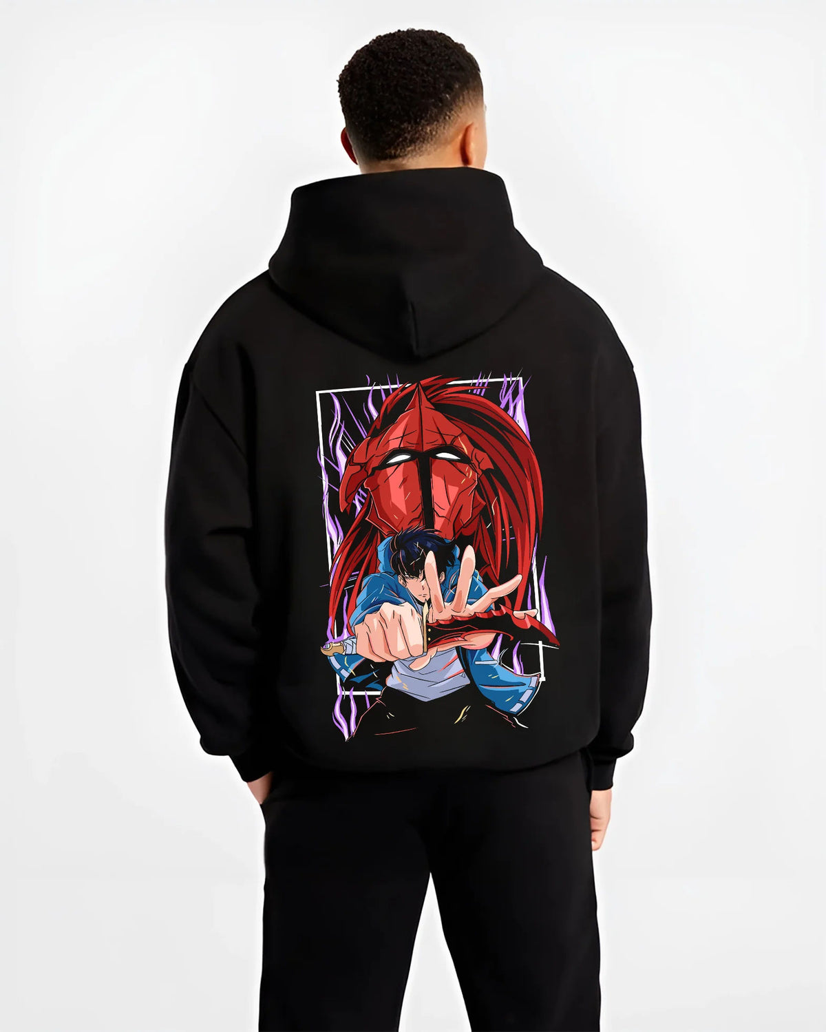 Black hoodie model back view showing Sung Jin-Woo and red shadow warrior from Solo Leveling: illustration