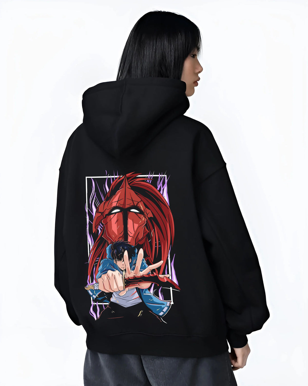 Black hoodie female model back view showing Sung Jin-Woo and red shadow warrior from Solo Leveling: illustration