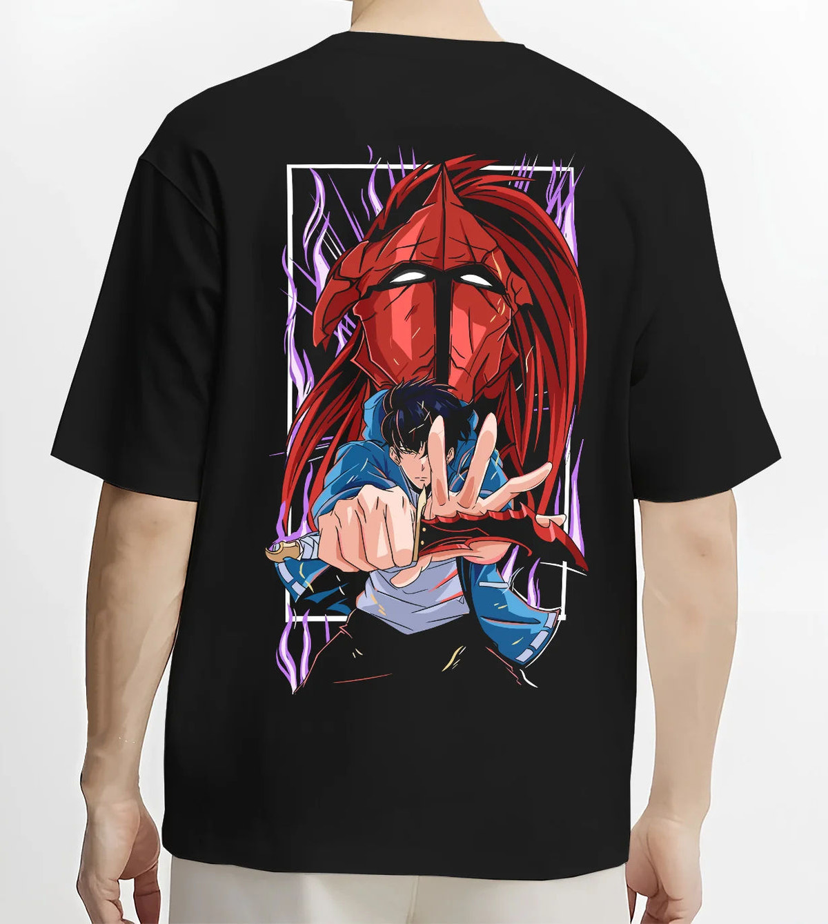 Black T-shirt model back view showing Sung Jin-Woo and red shadow warrior from Solo Leveling: illustration
