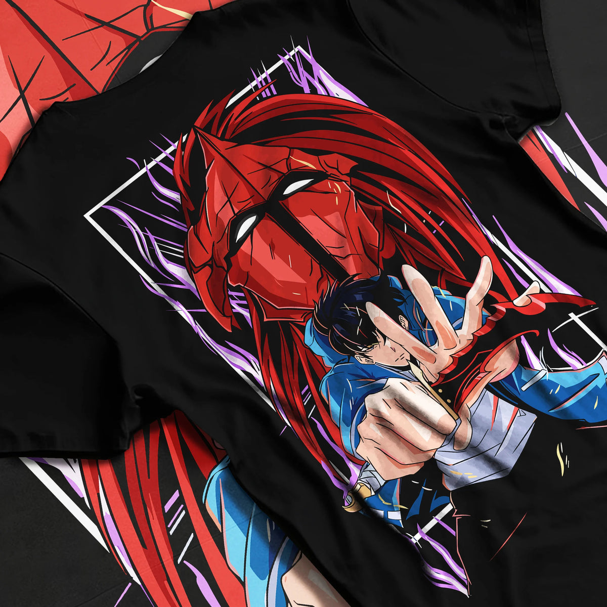 Black T-shirt flat back view showing Sung Jin-Woo and red shadow warrior from Solo Leveling: illustration