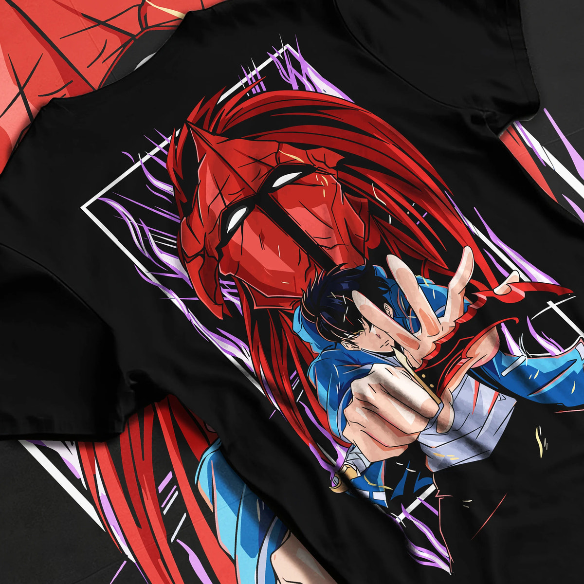 Black T-shirt flat back view showing Sung Jin-Woo and red shadow warrior from Solo Leveling: illustration