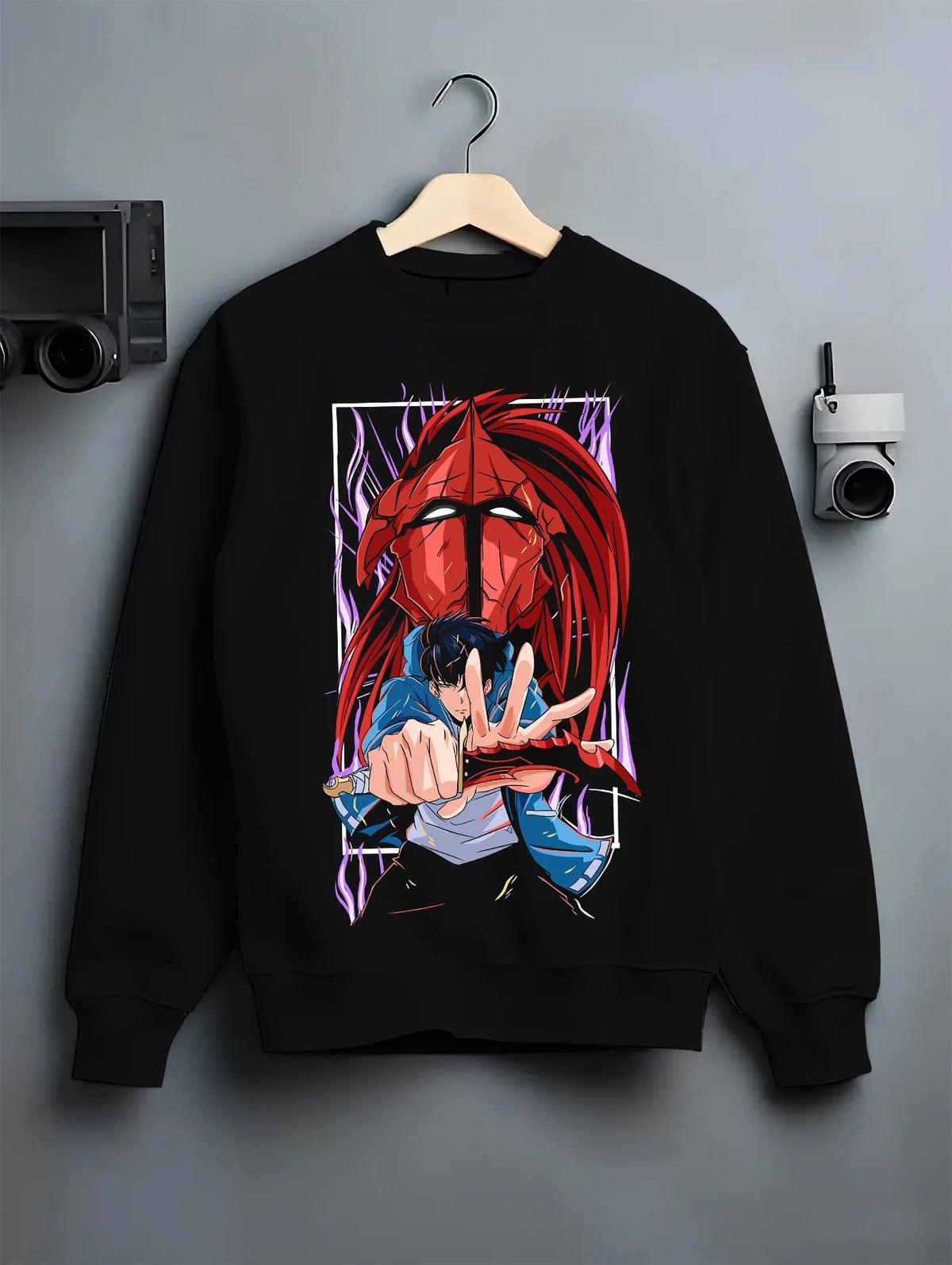 Black crewneck sweatshirt on hanger showing Sung Jin-Woo and red shadow warrior from Solo Leveling: illustration