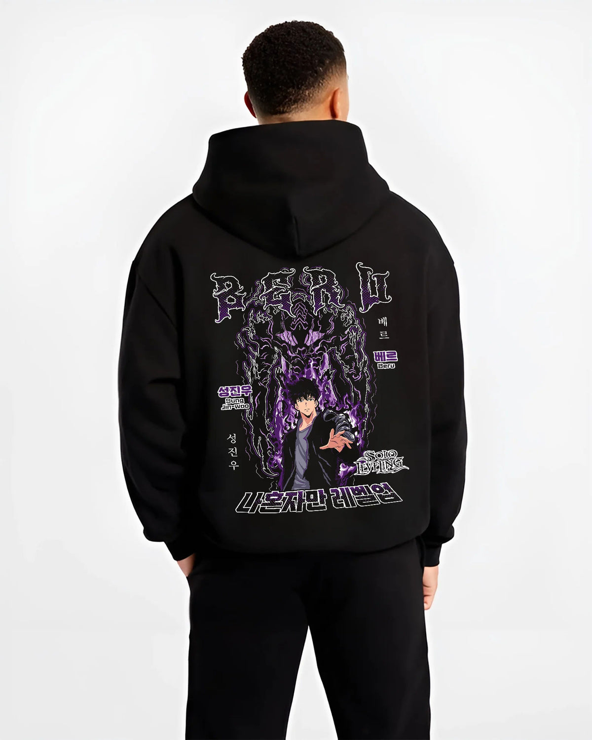 Black hoodie model back view showing Sung Jin-Woo from Solo Leveling: purple Shadow Monarch aura poster