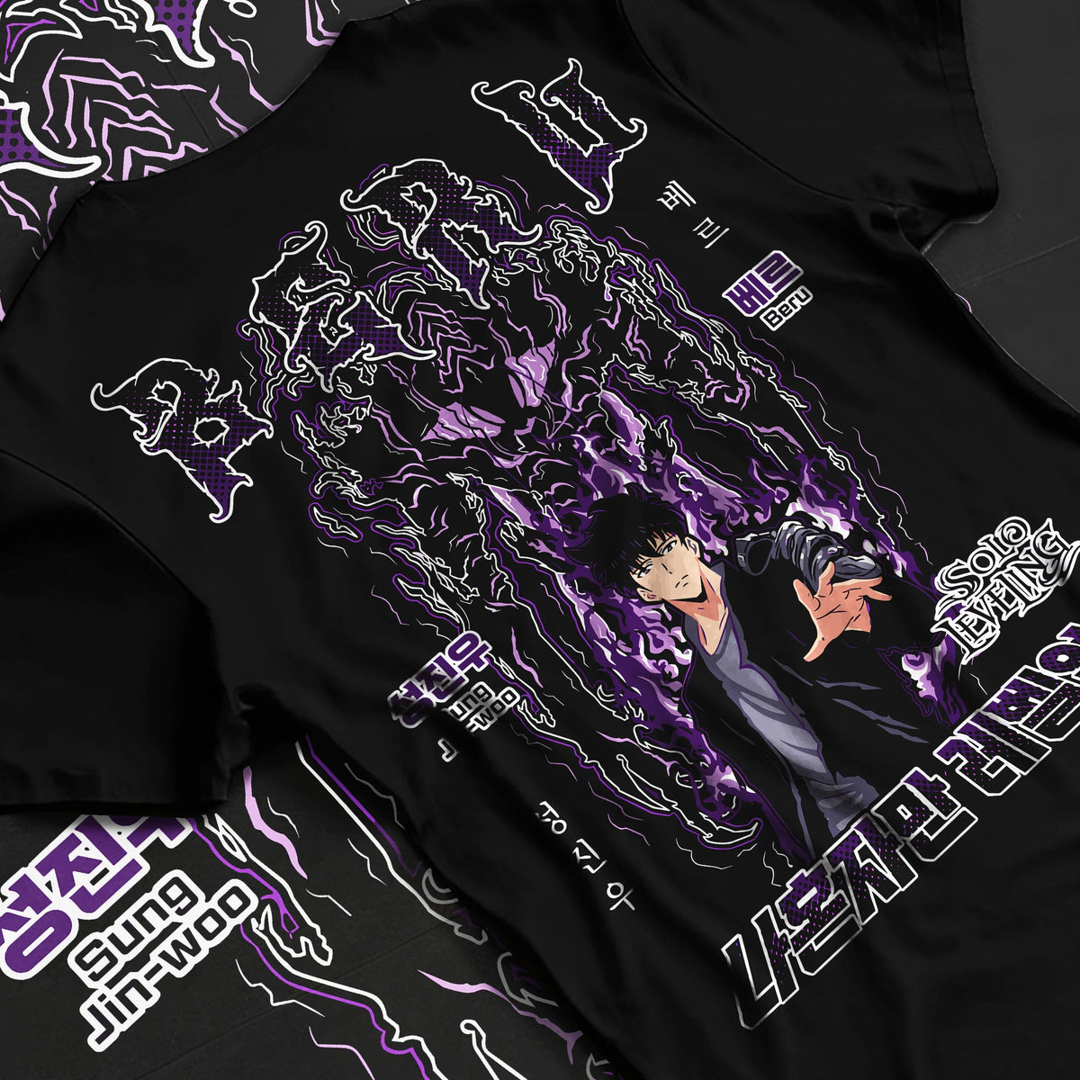 Black T-shirt flat back view showing Sung Jin-Woo from Solo Leveling: purple Shadow Monarch aura poster