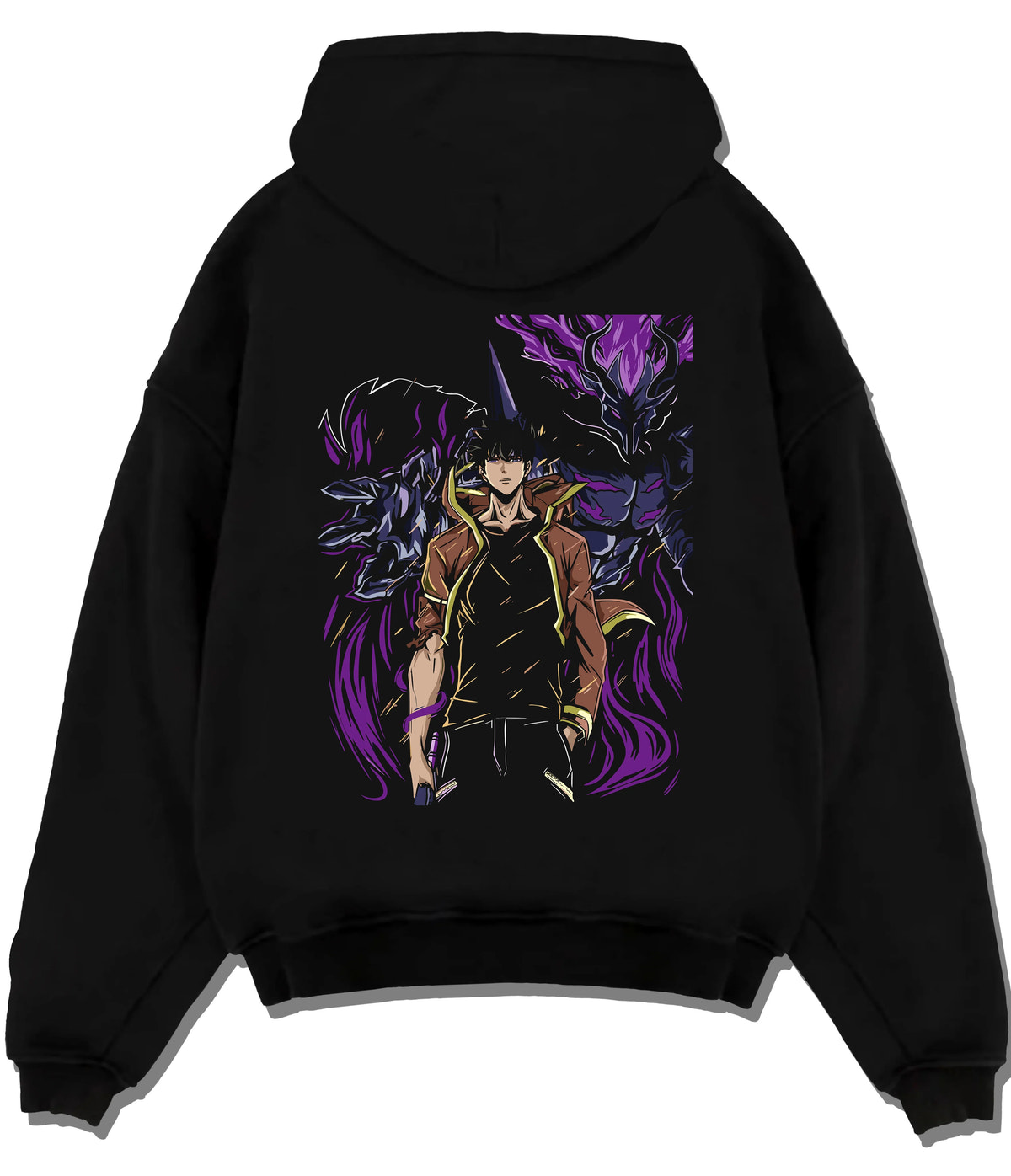 Black hoodie flat back view showing Sung Jin-Woo from Solo Leveling: dark warrior and shadow entity