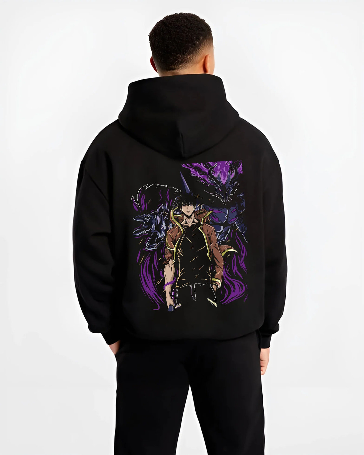 Black hoodie model back view showing Sung Jin-Woo from Solo Leveling: dark warrior and shadow entity