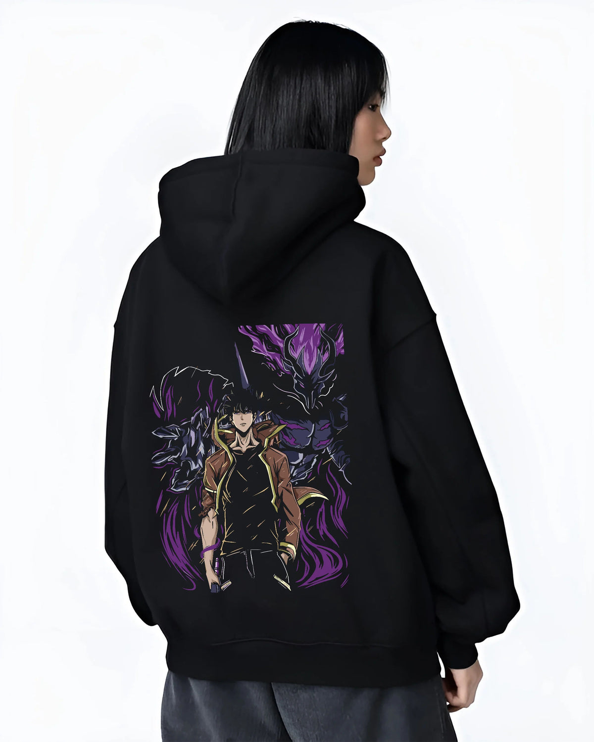 Black hoodie female model back view showing Sung Jin-Woo from Solo Leveling: dark warrior and shadow entity