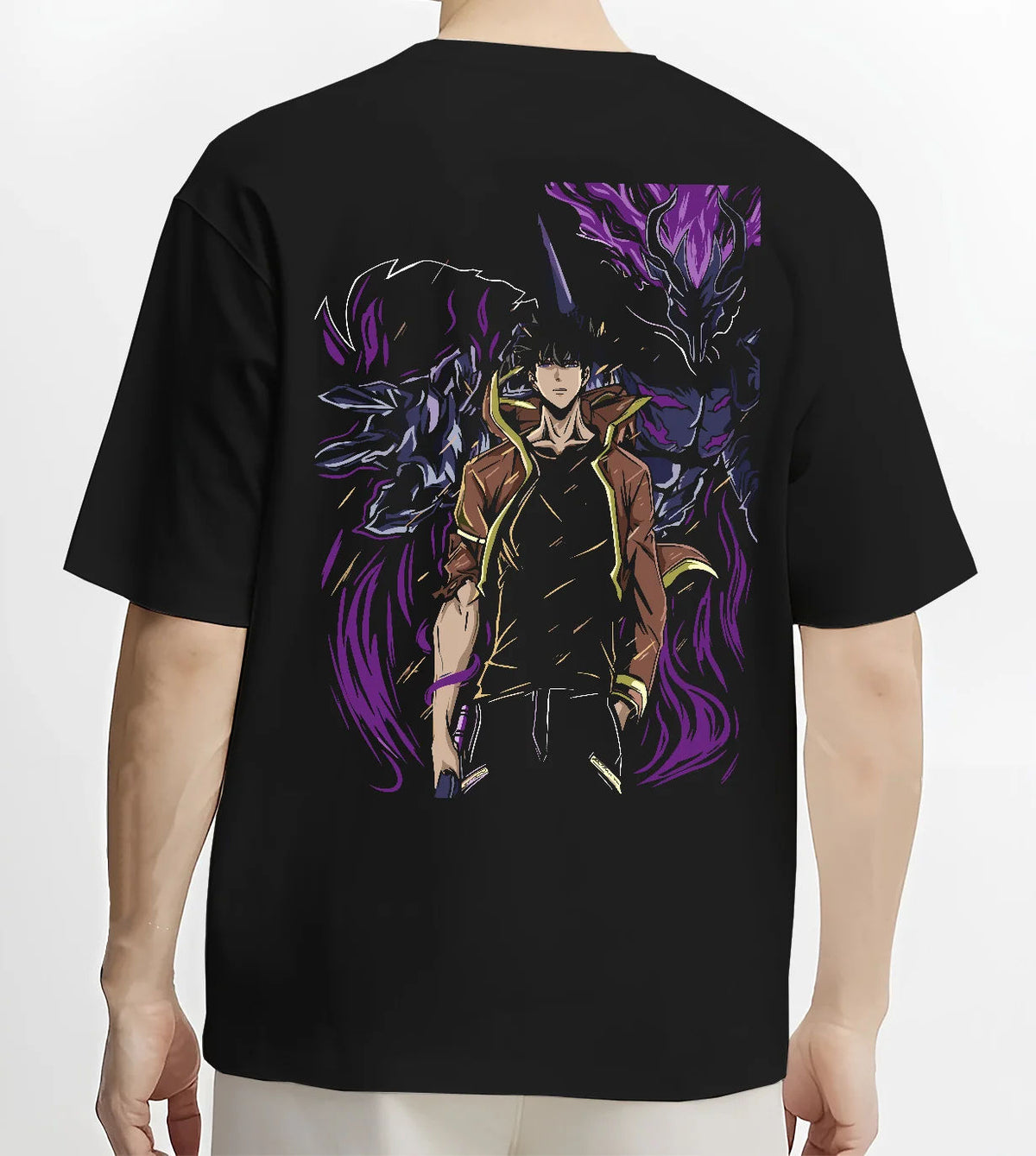 Black T-shirt model back view showing Sung Jin-Woo from Solo Leveling: dark warrior and shadow entity