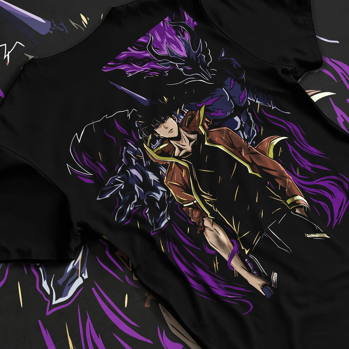 Black T-shirt flat back view showing Sung Jin-Woo from Solo Leveling: dark warrior and shadow entity