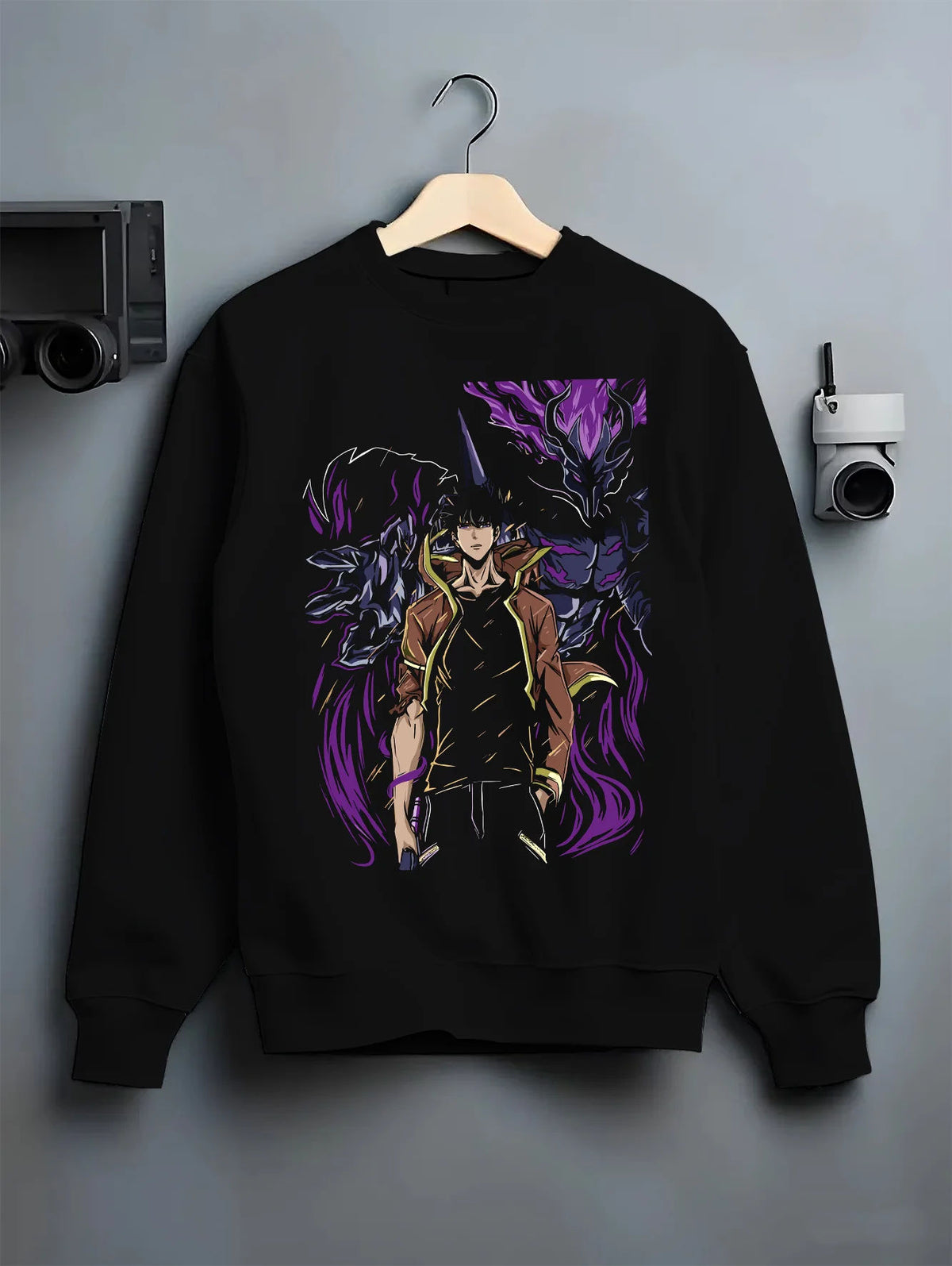 Black crewneck sweatshirt on hanger showing Sung Jin-Woo from Solo Leveling: dark warrior and shadow entity