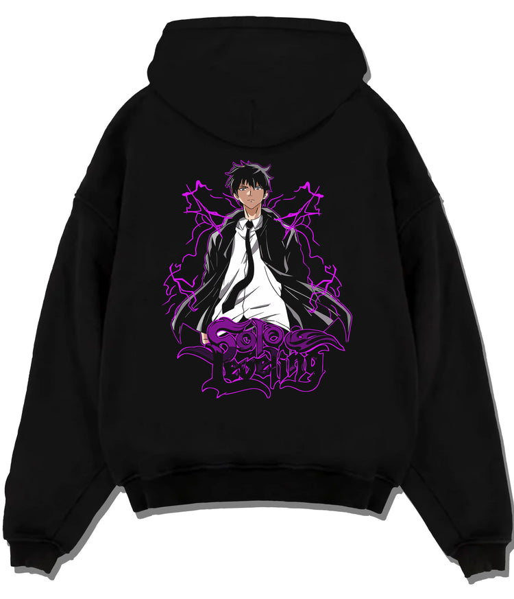 Black hoodie flat back view showing Sung Jin-Woo from Solo Leveling: purple Shadow Monarch standing poster