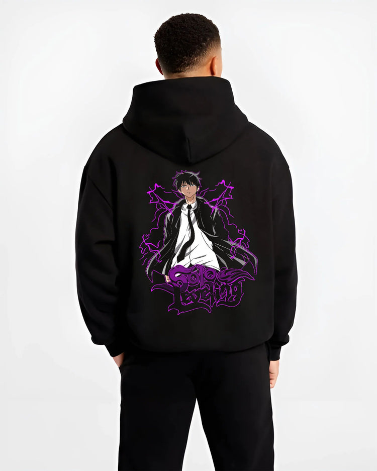 Black hoodie model back view showing Sung Jin-Woo from Solo Leveling: purple Shadow Monarch standing poster