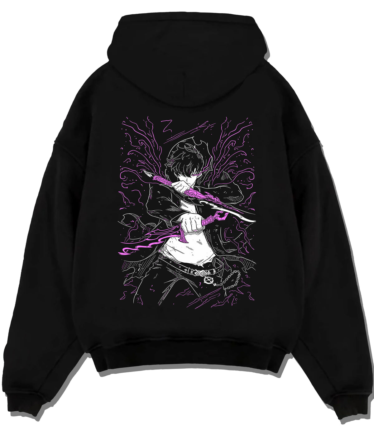 Black hoodie flat back view showing Sung Jin-Woo from Solo Leveling: purple blade energy action