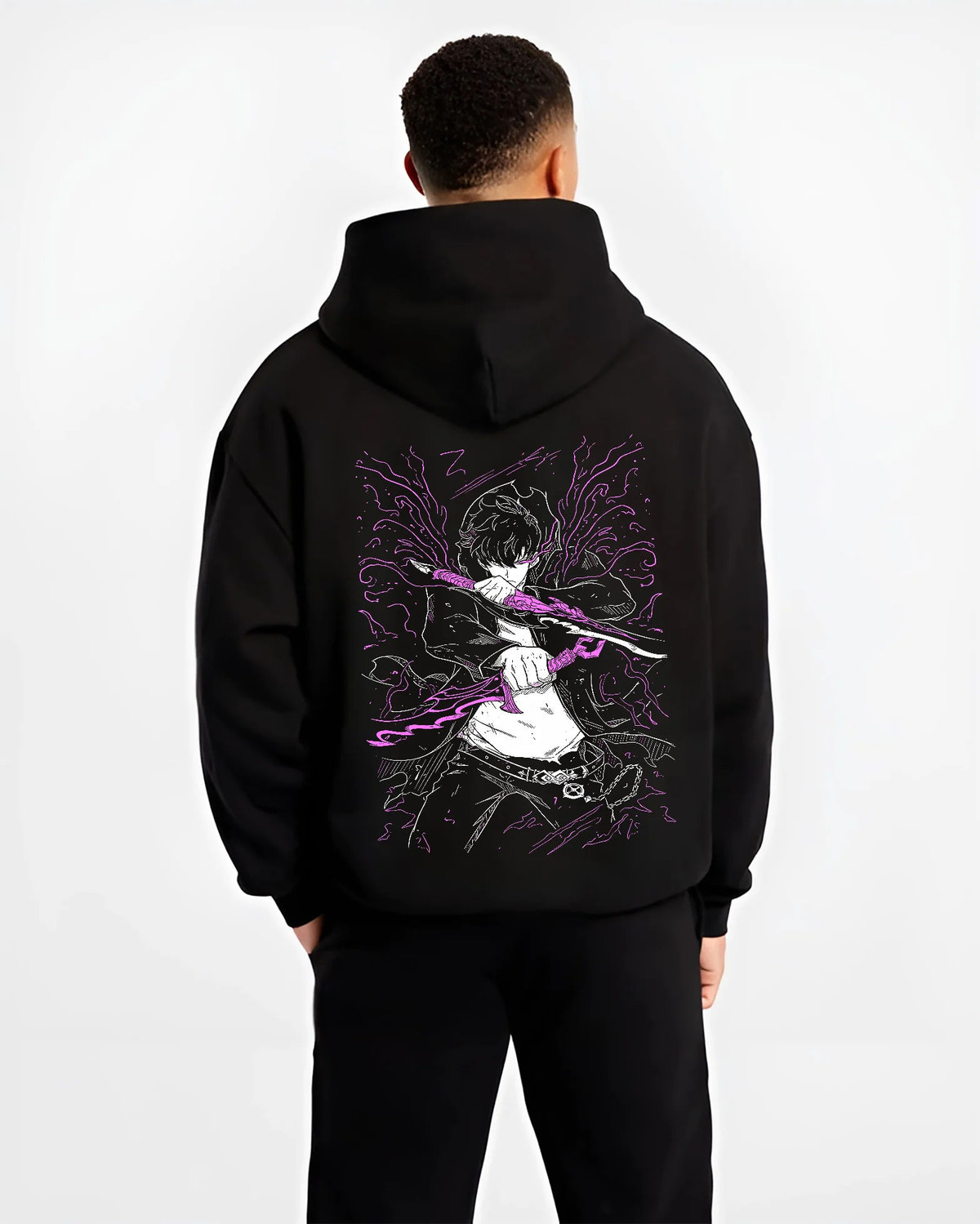 Black hoodie model back view showing Sung Jin-Woo from Solo Leveling: purple blade energy action