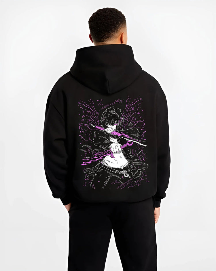 Black hoodie model back view showing Sung Jin-Woo from Solo Leveling: purple blade energy action