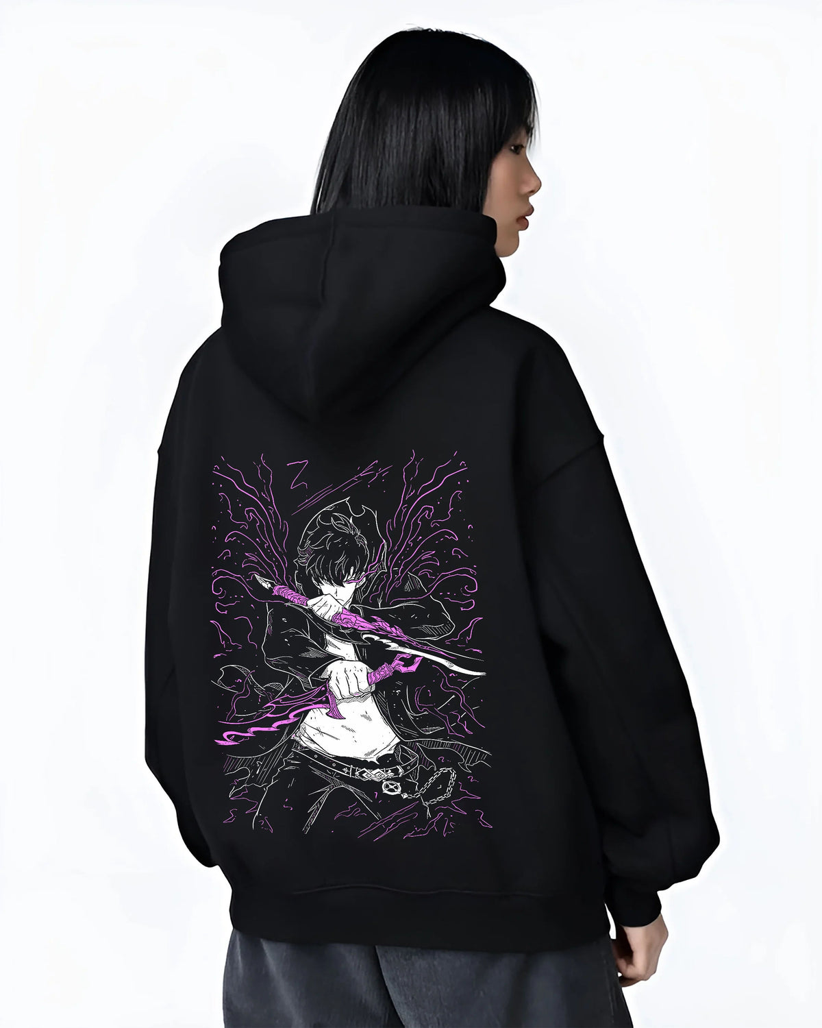 Black hoodie female model back view showing Sung Jin-Woo from Solo Leveling: purple blade energy action