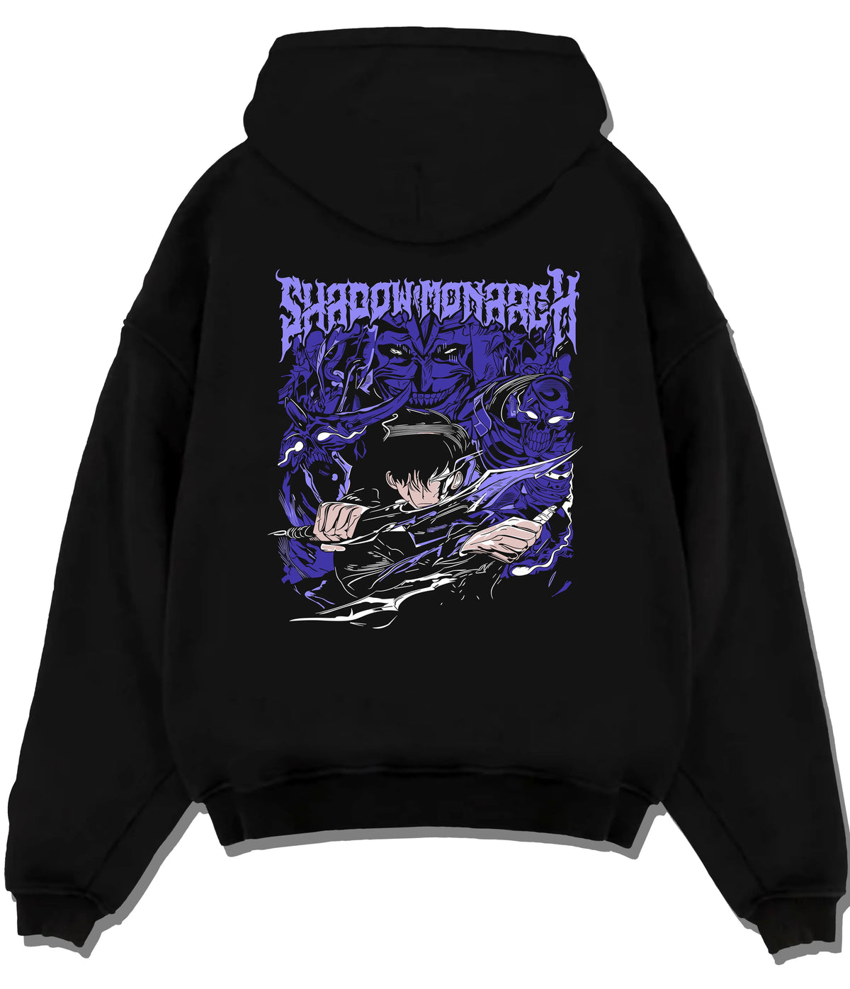 Black hoodie flat back view showing Sung Jin-Woo with shadow army from Solo Leveling: purple manga poster