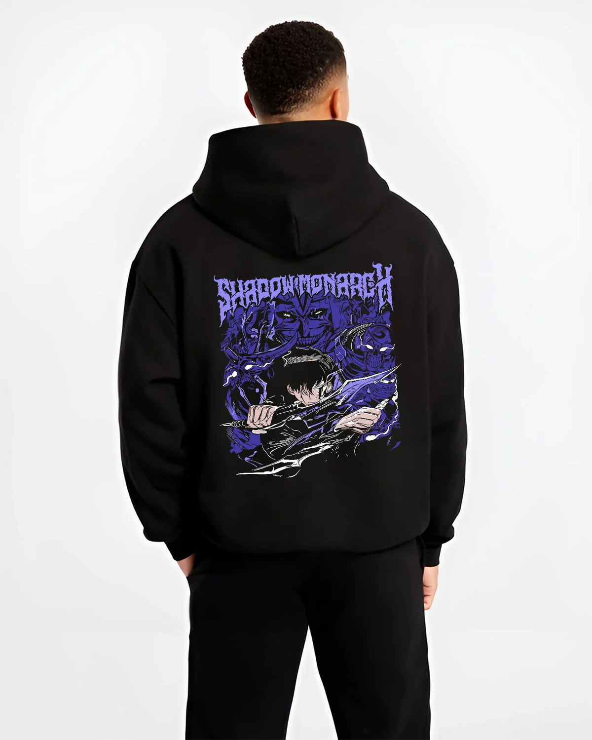 Black hoodie model back view showing Sung Jin-Woo with shadow army from Solo Leveling: purple manga poster