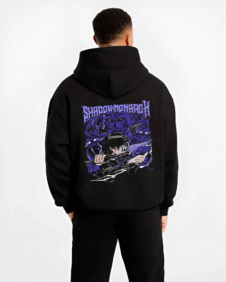 Black hoodie model back view showing Sung Jin-Woo with shadow army from Solo Leveling: purple manga poster