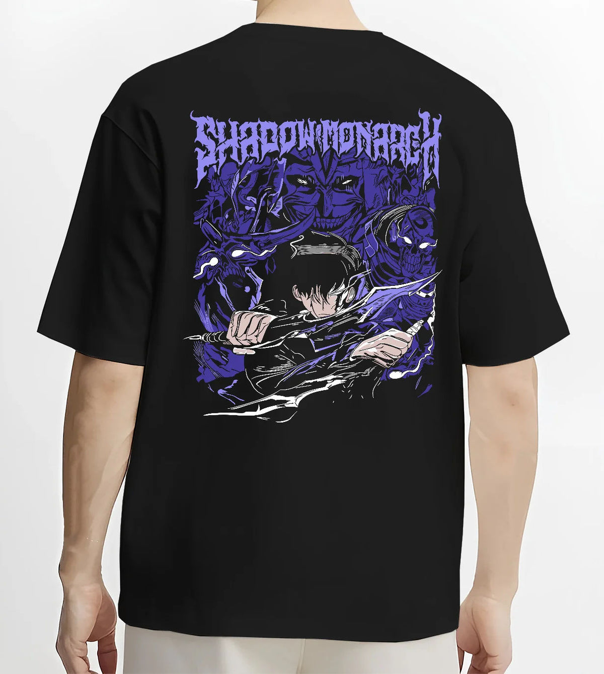 Black T-shirt model back view showing Sung Jin-Woo with shadow army from Solo Leveling: purple manga poster
