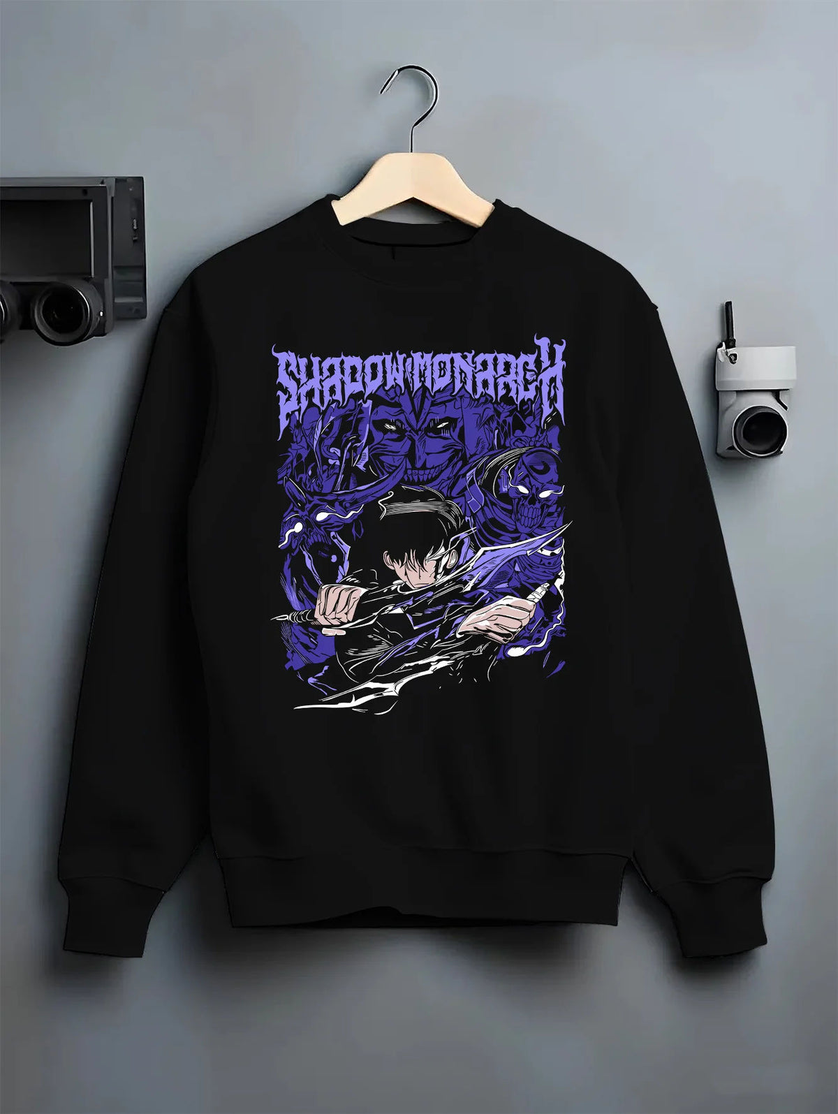 Black crewneck sweatshirt on hanger showing Sung Jin-Woo with shadow army from Solo Leveling: purple manga poster