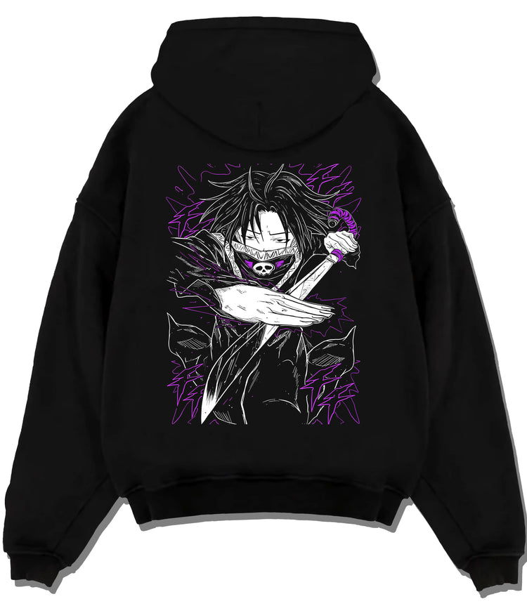 Black hoodie flat back view showing Sung Jin-Woo from Solo Leveling: eyes and purple shadow portrait