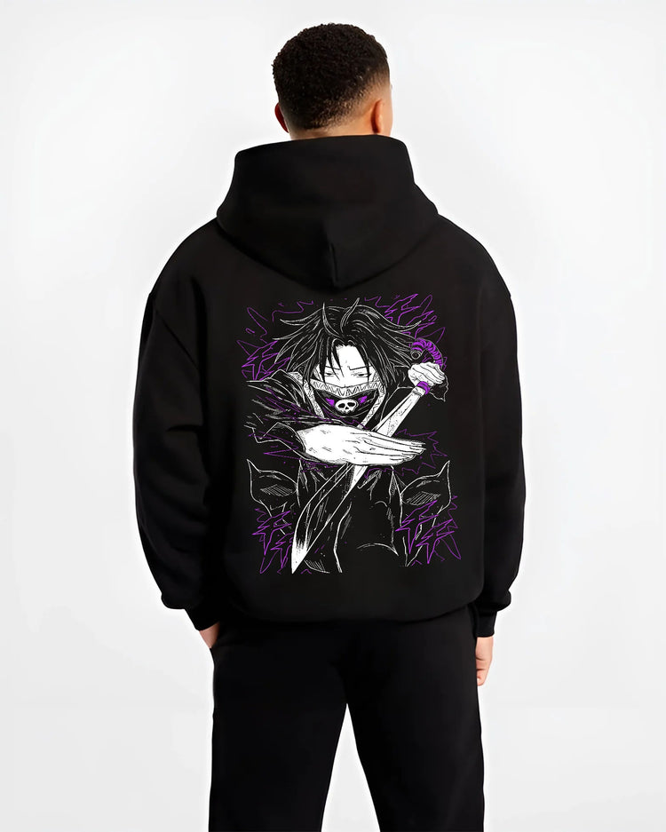 Black hoodie model back view showing Sung Jin-Woo from Solo Leveling: eyes and purple shadow portrait