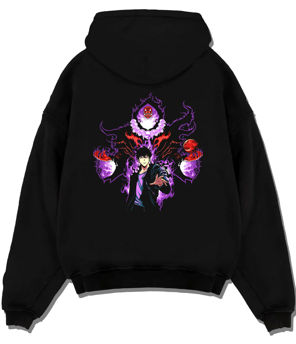 Black hoodie flat back view showing Sung Jin-Woo from Solo Leveling: purple aura with shadow-eye figure