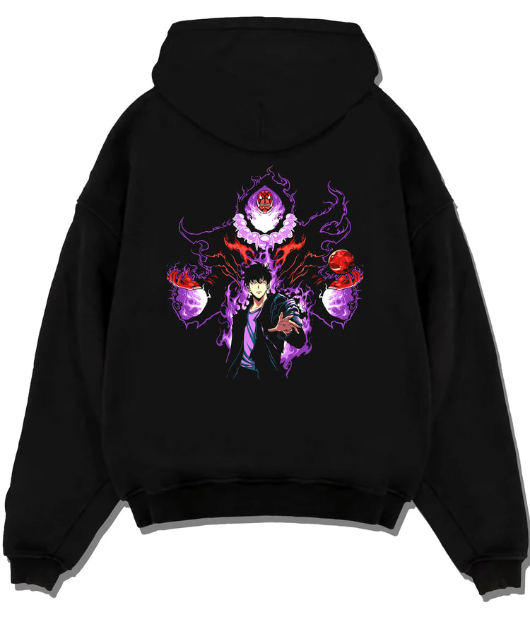 Black hoodie flat back view showing Sung Jin-Woo from Solo Leveling: purple aura with shadow-eye figure