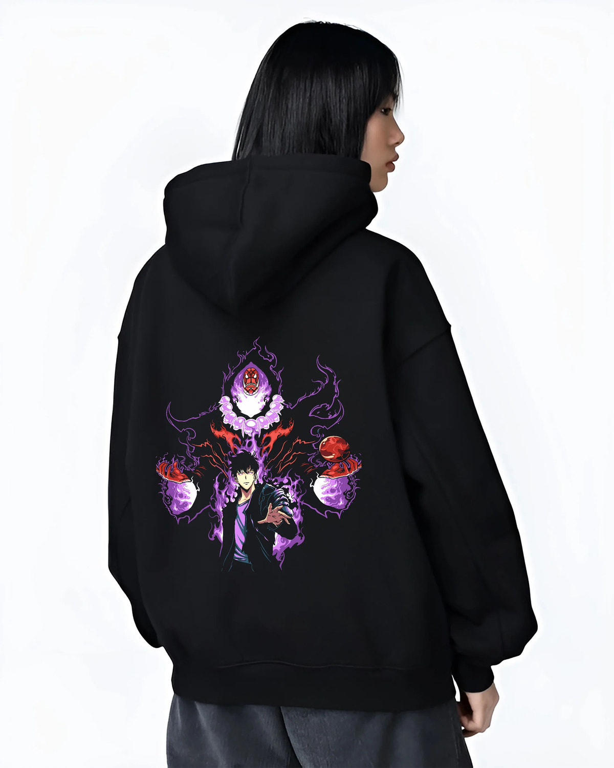 Black hoodie female model back view showing Sung Jin-Woo from Solo Leveling: purple aura with shadow-eye figure