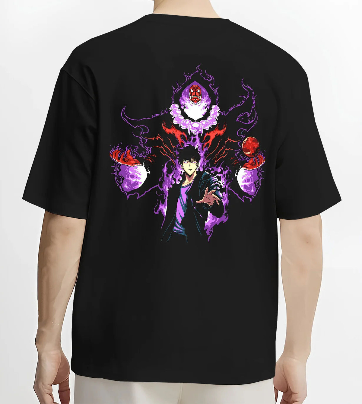 Black T-shirt model back view showing Sung Jin-Woo from Solo Leveling: purple aura with shadow-eye figure