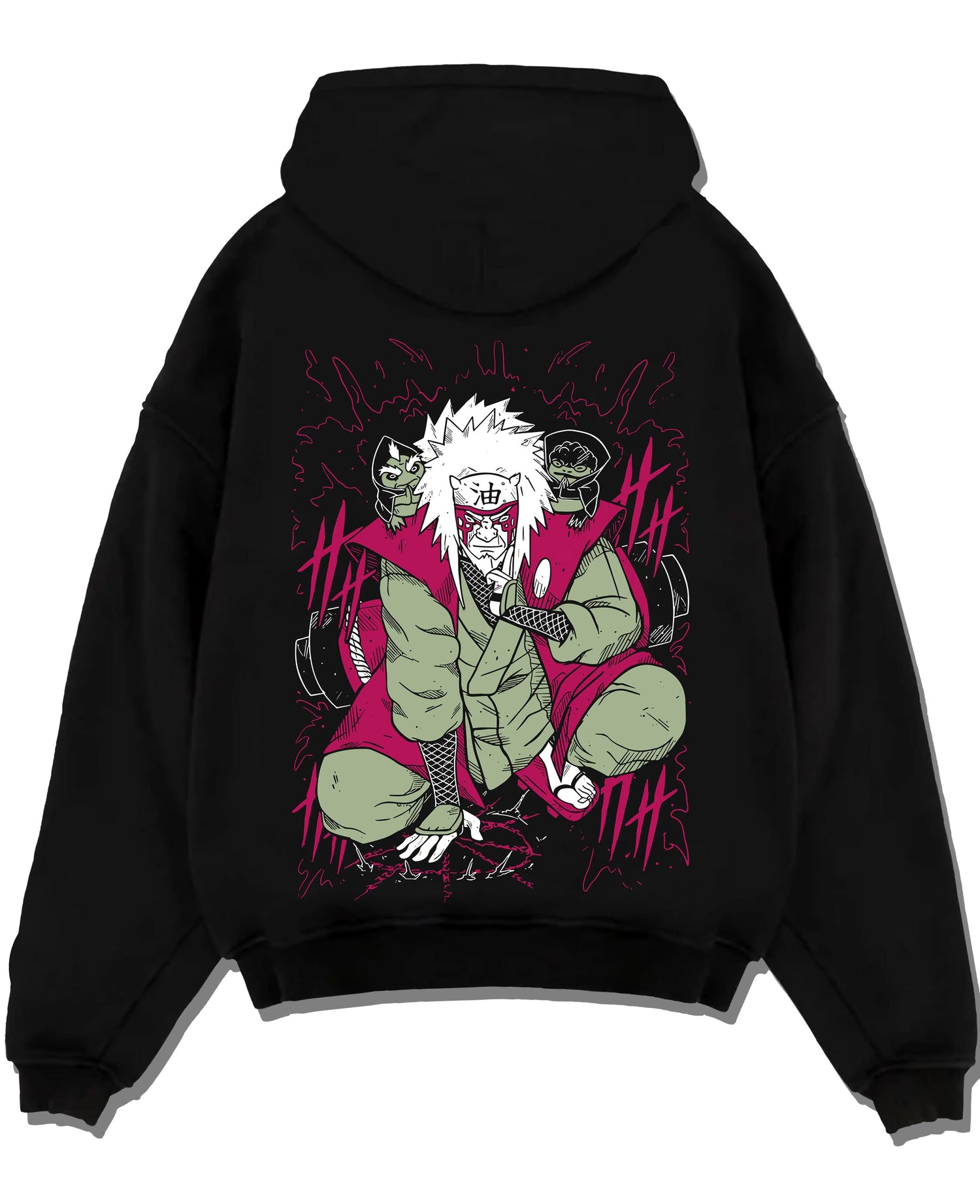 Black pullover hoodie laid flat with Naruto Hoodie Jiraiya Legendary Sannin Ninja Jumper graphic bold anime graphic.