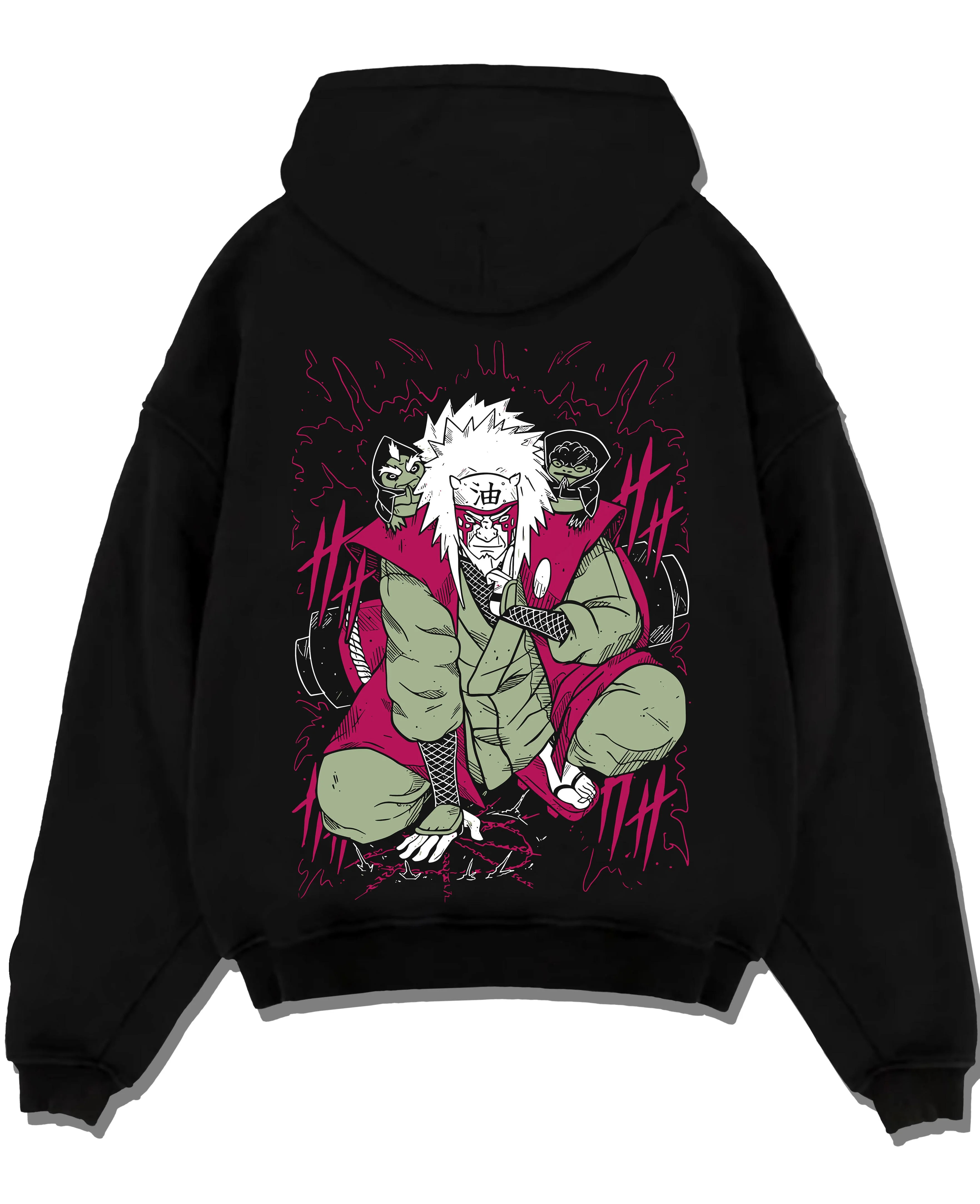 Black pullover hoodie laid flat with Naruto Hoodie Jiraiya Legendary Sannin Ninja Jumper graphic bold anime graphic.