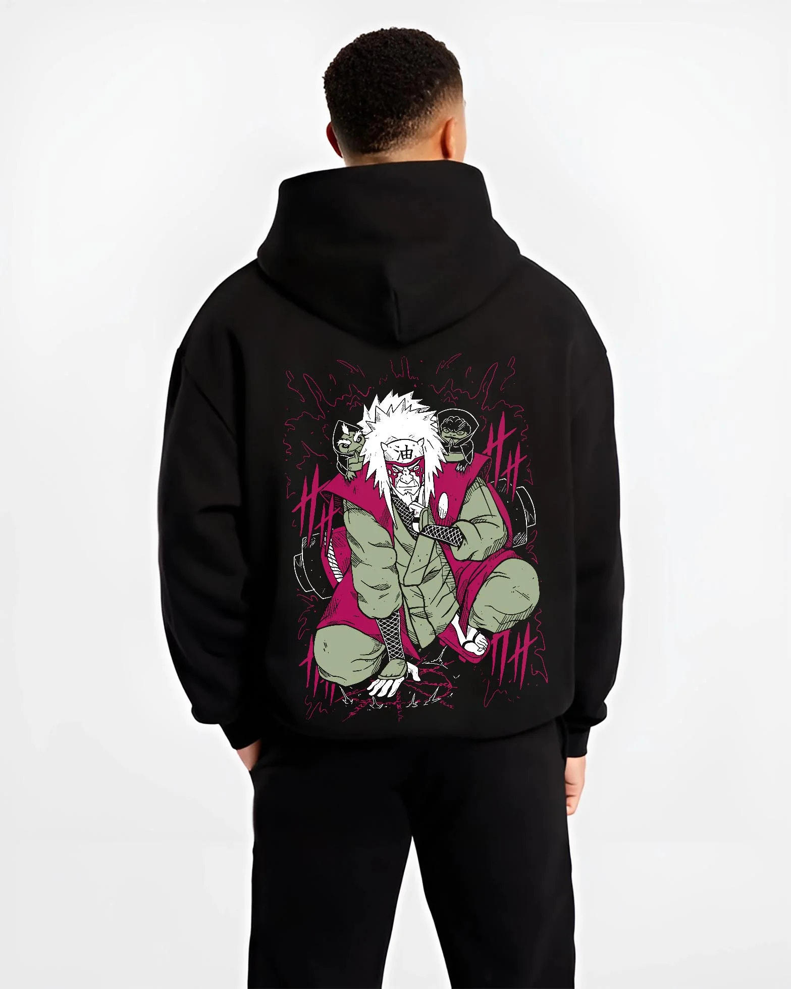 Black hoodie worn by male model, back view with Naruto Hoodie Jiraiya Legendary Sannin Ninja Jumper graphic bold anime graphic.