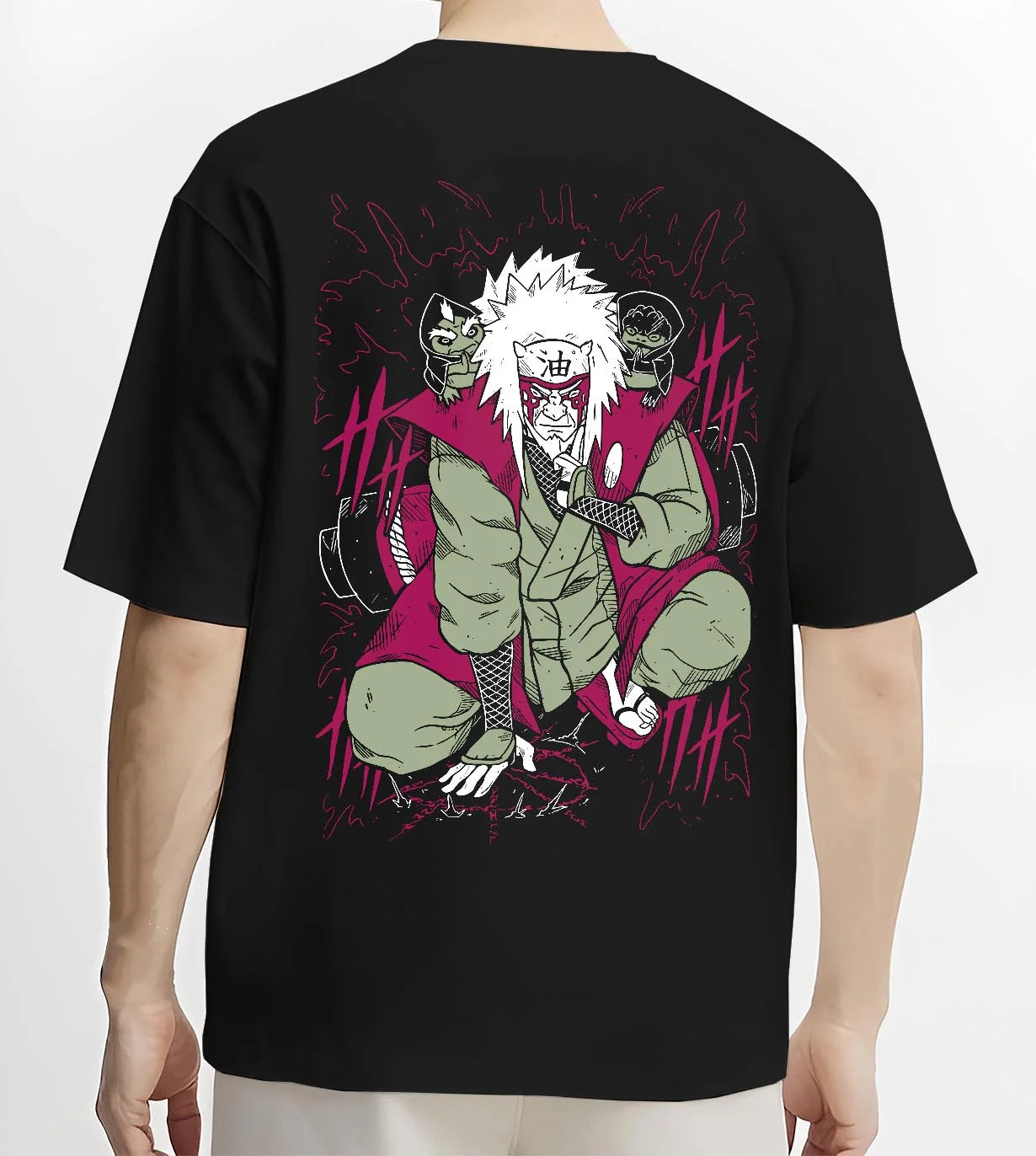 Black T-shirt worn by male model, back view with Naruto Hoodie Jiraiya Legendary Sannin Ninja Jumper graphic premium wear.