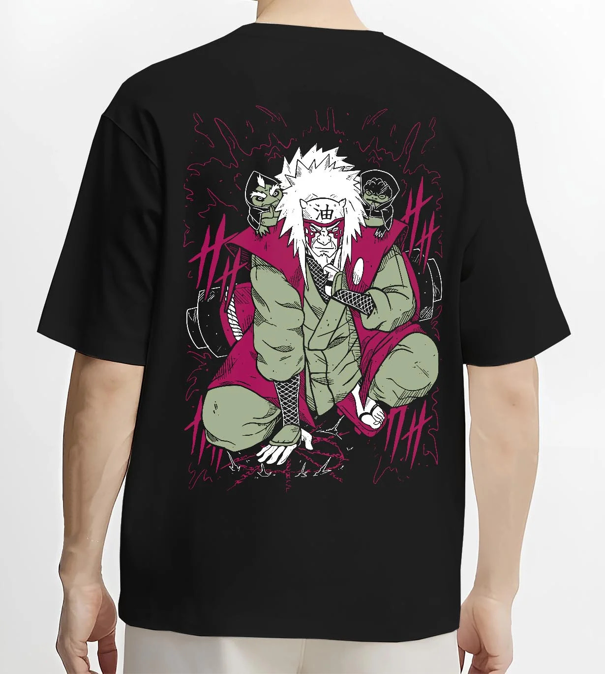 Black T-shirt worn by male model, back view with Naruto Hoodie Jiraiya Legendary Sannin Ninja Jumper graphic premium wear.